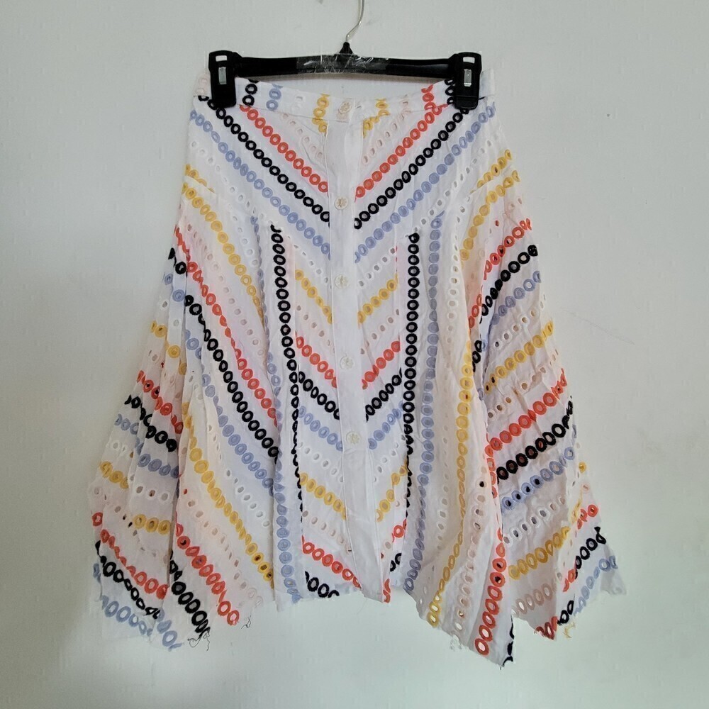 Eva Franco Colorful Eyelet Embroidered Striped Raw Frayed Hem Mini Skirt Size 4